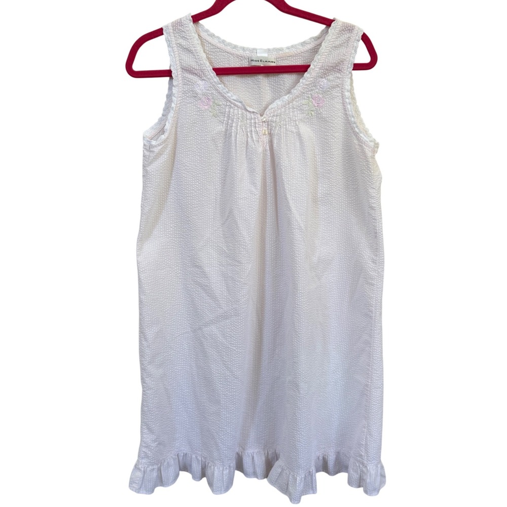 Miss Elaine Sz M Seersucker Short Nightgown Pink‎ Floral Embroidered Ruffle Tank